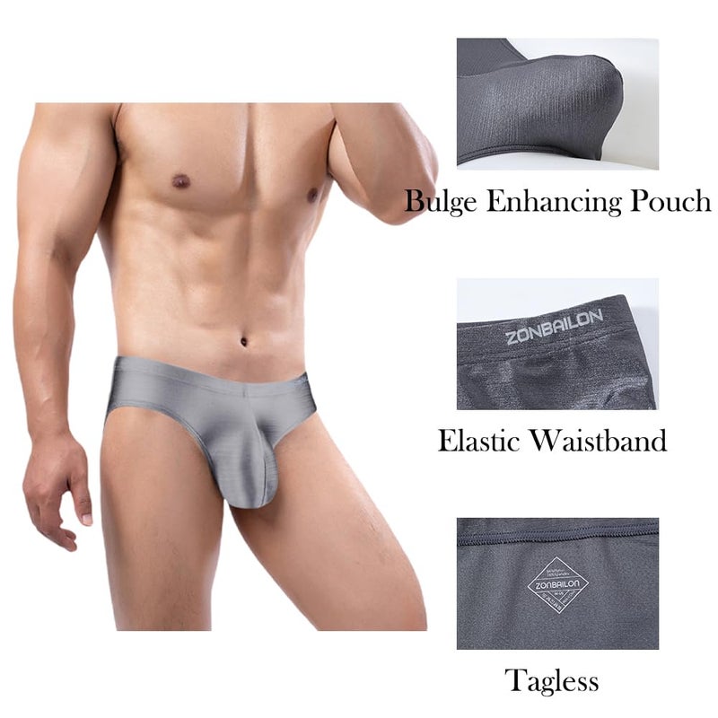 ZONBAILON Mens Sexy Bulge Enhancing Briefs Underwear Low Rise Ice Silk Big Ball Pouch Underpants Grey M - Image 4